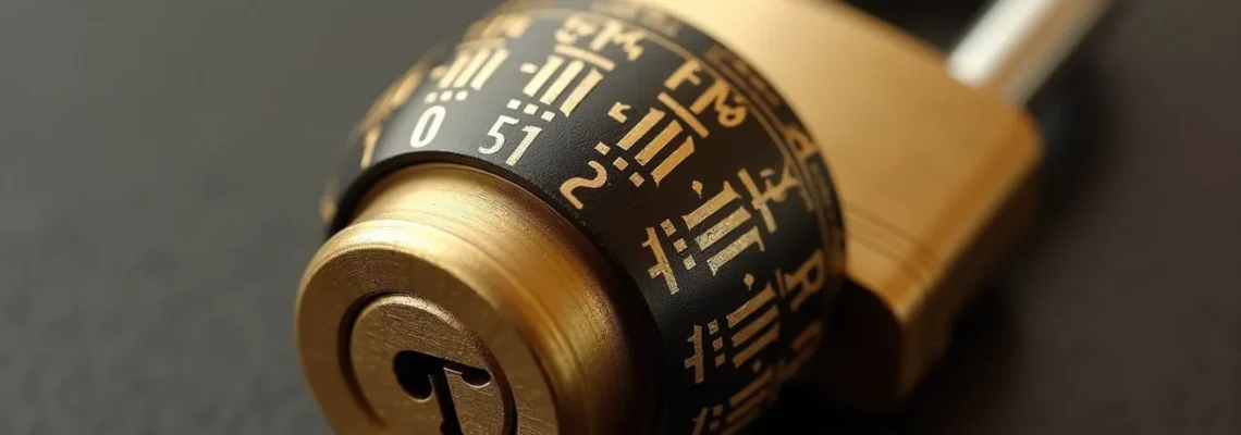Gros plan hyperréaliste d'un cadenas à code en laiton avec molettes numérotées, montrant les détails mécaniques et la texture métallique