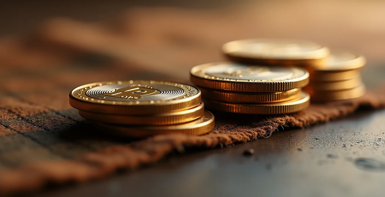 Vue aérienne d'une balance en bois équilibrant des pièces de monnaie d'or et d'argent, symbolisant l'évaluation du rapport risque-sécurité