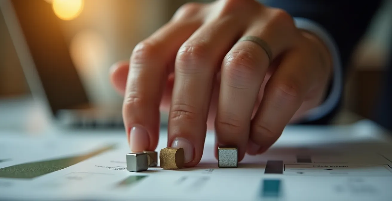 Photographie rapprochée : une main experte sélectionnant précisément des petits objets géométriques brillants symbolisant différents secteurs d'investissement