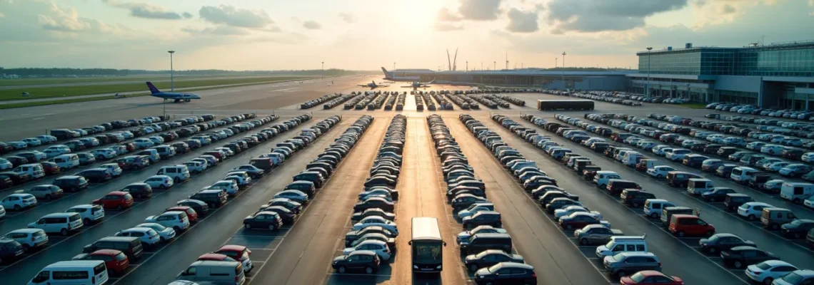 Vue aérienne d'un parking moderne près de l'aéroport Roissy CDG avec terminaux visibles en arrière-plan, voitures stationnées et navette en circulation