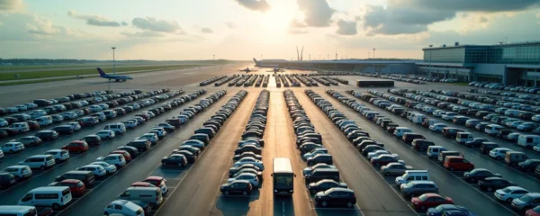 Vue aérienne d'un parking moderne près de l'aéroport Roissy CDG avec terminaux visibles en arrière-plan, voitures stationnées et navette en circulation