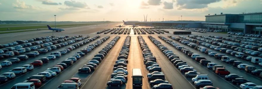 Vue aérienne d'un parking moderne près de l'aéroport Roissy CDG avec terminaux visibles en arrière-plan, voitures stationnées et navette en circulation