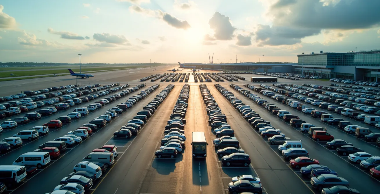 Vue aérienne d'un parking moderne près de l'aéroport Roissy CDG avec terminaux visibles en arrière-plan, voitures stationnées et navette en circulation