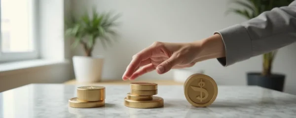 Composition photographique minimaliste : une main stratège ajustant des pièces d'échecs en or sur un plateau d'investissement, symbolisant l'équilibre entre sécurité et croissance