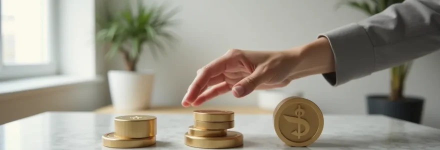 Composition photographique minimaliste : une main stratège ajustant des pièces d'échecs en or sur un plateau d'investissement, symbolisant l'équilibre entre sécurité et croissance