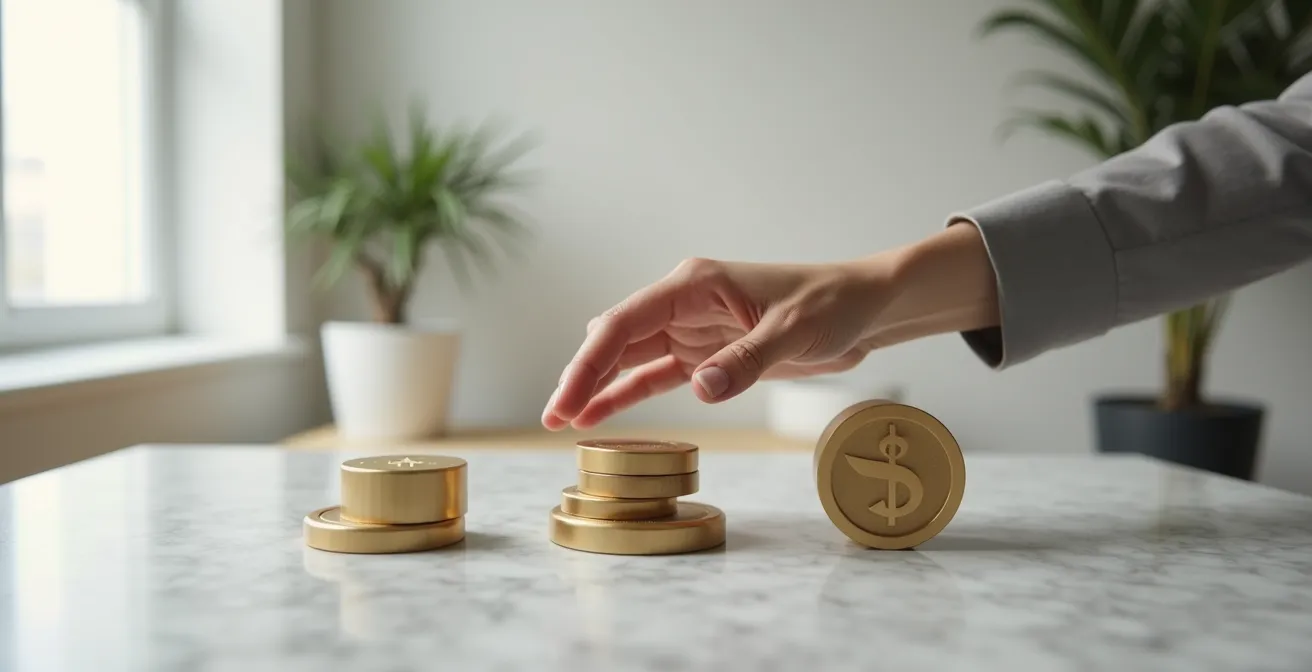 Composition photographique minimaliste : une main stratège ajustant des pièces d'échecs en or sur un plateau d'investissement, symbolisant l'équilibre entre sécurité et croissance