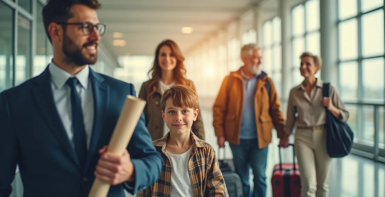 Collage de trois personnes représentant différents profils de voyageurs : homme d'affaires avec valise, famille avec enfants et couple senior, tous en position de voyage