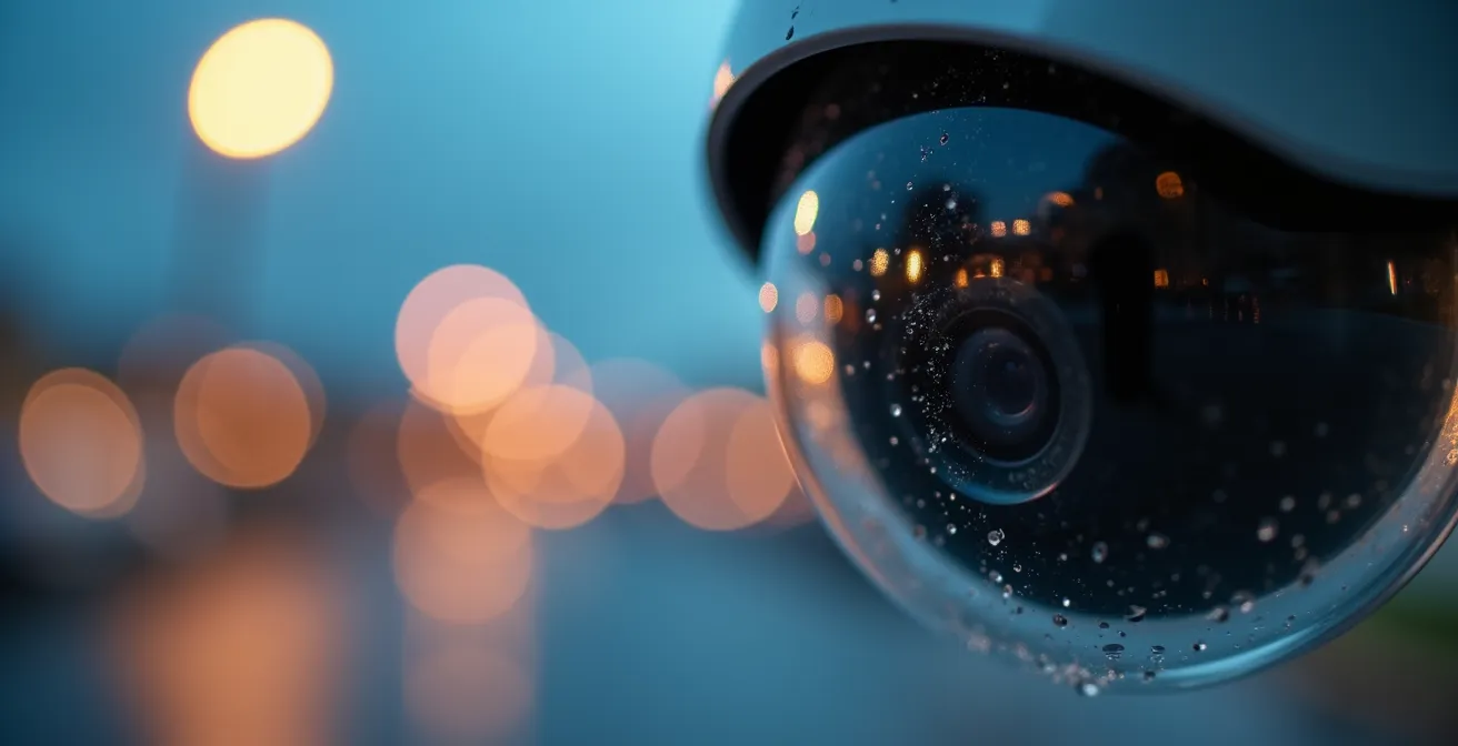 Détail macro d'une caméra de surveillance de haute technologie avec lentille cristalline reflétant un parking en arrière-plan flou