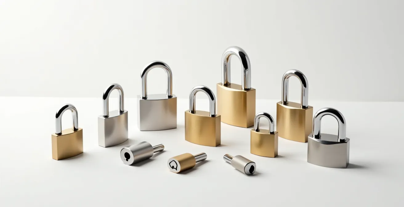 Composition minimaliste montrant différents types de cadenas adaptés à divers environnements d'utilisation
