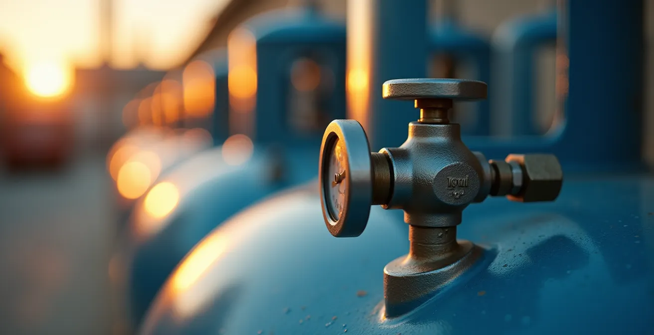 Vue macro sur la valve d'une citerne industrielle de propane