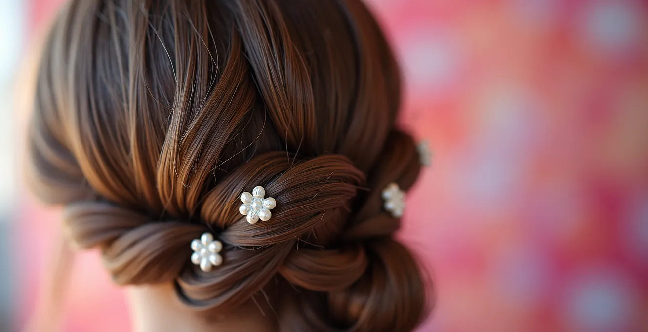 Détail macro d'une coiffure de mariage avec épingles décoratives