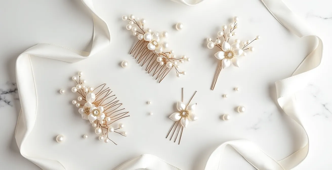 Vue d'ensemble minimaliste d'accessoires de mariage disposés harmonieusement