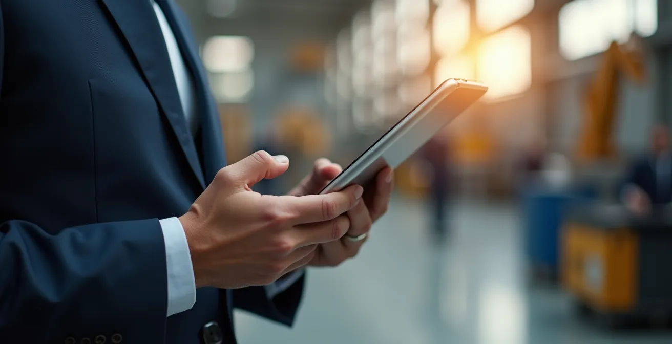 Dirigeant analysant des données énergétiques sur tablette dans un environnement industriel