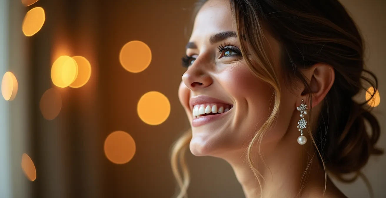 Gros plan sur le visage d'une mariée mettant en valeur ses traits naturels