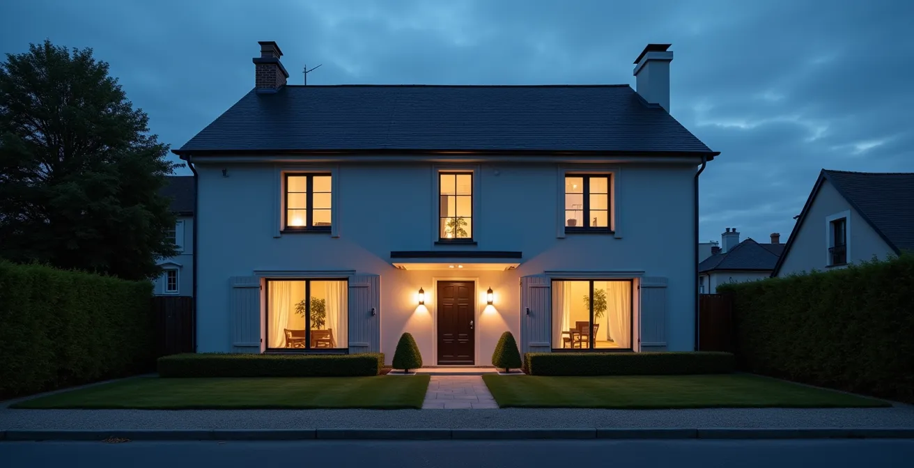 Vue d'ensemble d'une maison avec différents dispositifs de sécurité visibles