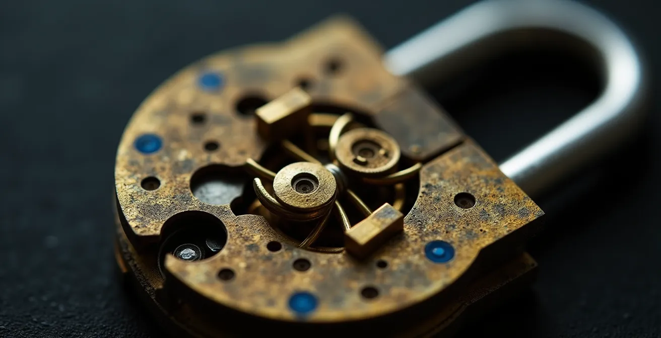 Vue macro détaillée du mécanisme interne d'un cadenas