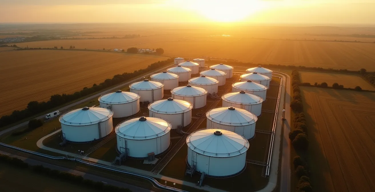 Vue aérienne minimaliste d'une infrastructure de stockage de gaz naturel
