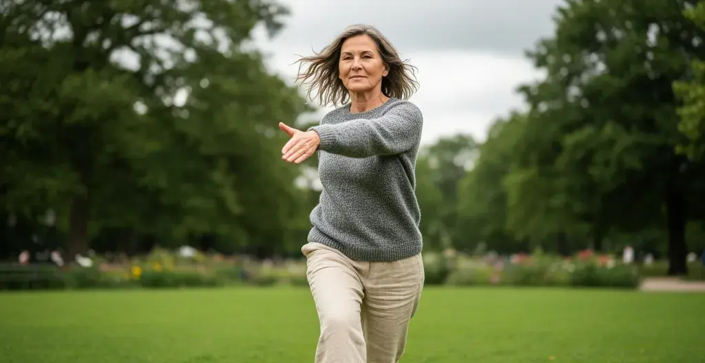 Femme européenne 50 ans faisant étirement léger en extérieur pour illustrer mobilité articulaire collagène