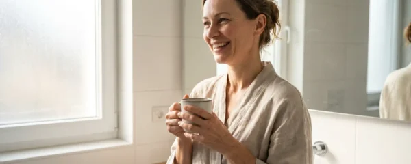 Femme européenne 45 ans au moment bien-être matinal illustrant les bienfaits du collagène marin sur la peau