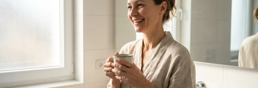 Femme européenne 45 ans au moment bien-être matinal illustrant les bienfaits du collagène marin sur la peau