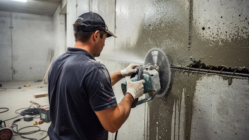 Opérateur réalisant sciage béton armé avec disque diamant