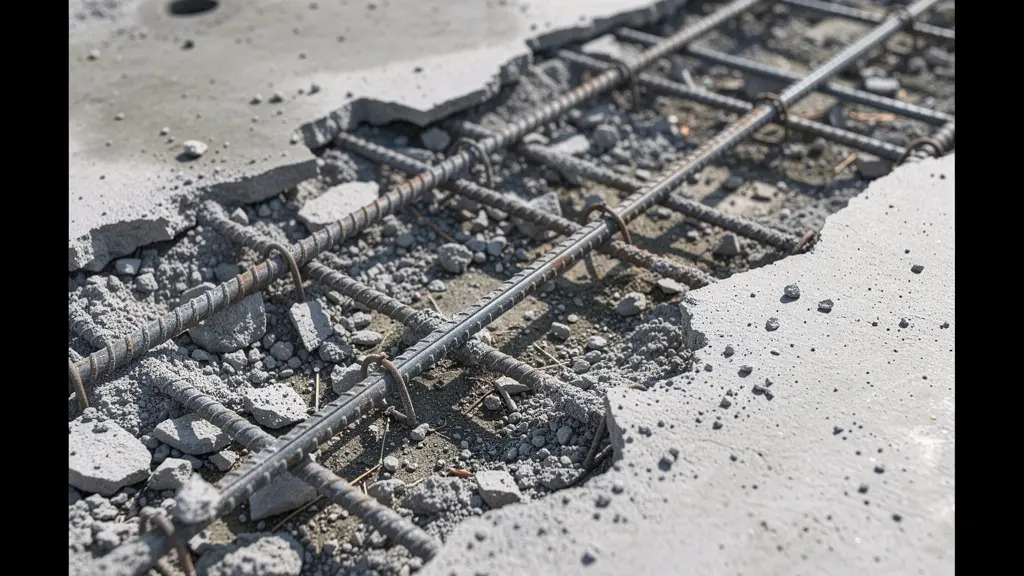 Surface béton après hydrodémolition montrant armatures acier préservées