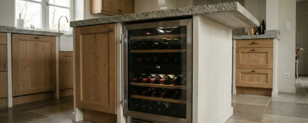 Cave à vin encastrable intégrée sous plan de travail dans cuisine contemporaine