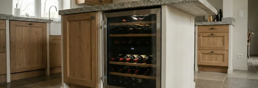 Cave à vin encastrable intégrée sous plan de travail dans cuisine contemporaine