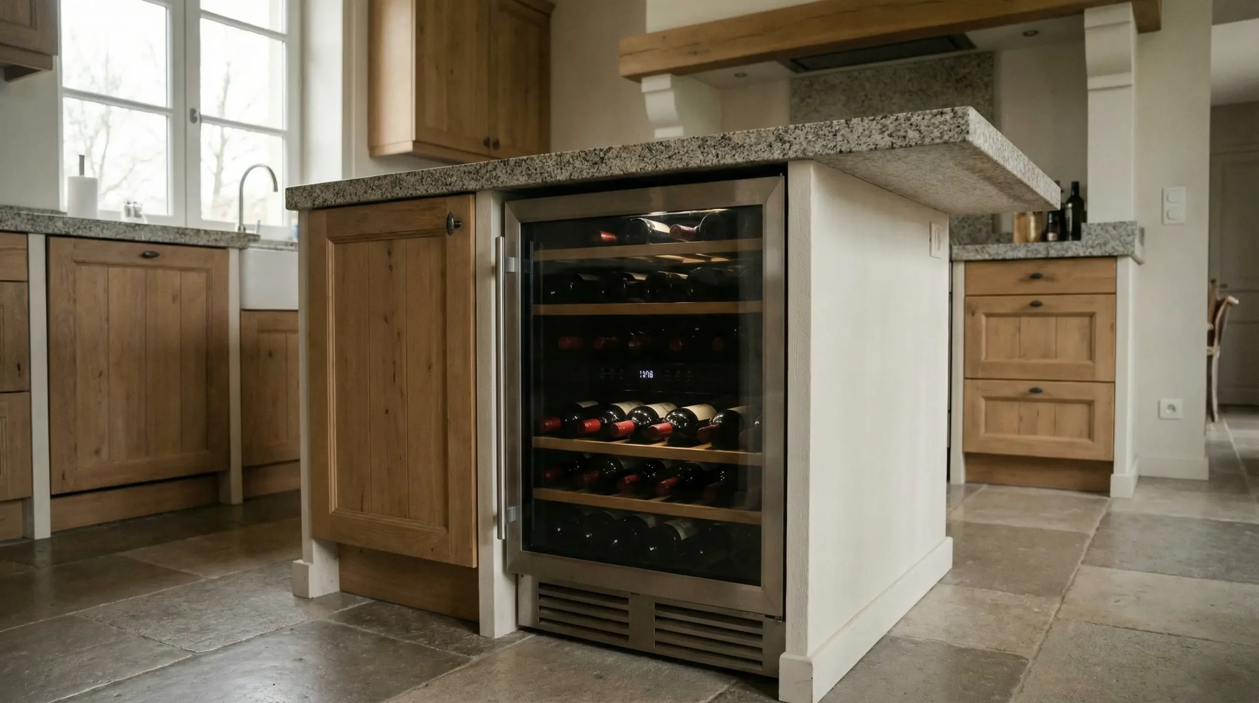 Cave à vin encastrable intégrée sous plan de travail dans cuisine contemporaine