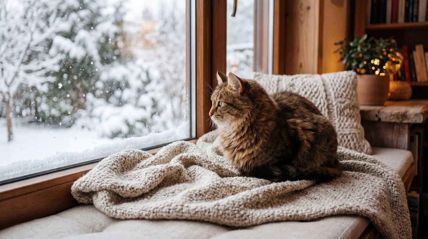 Un chat tigré confortablement installé sur un plaid beige près d'une fenêtre, lumière hivernale douce, ambiance cocooning