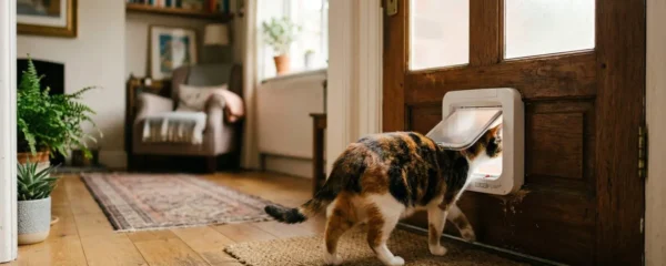 Un chat européen tigré passe à travers une chatière blanche installée sur une porte d'entrée, vu de dos, intérieur lumineux en arrière-plan