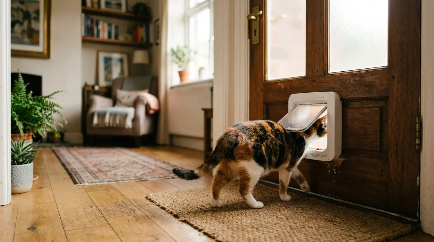 Un chat européen tigré passe à travers une chatière blanche installée sur une porte d'entrée, vu de dos, intérieur lumineux en arrière-plan