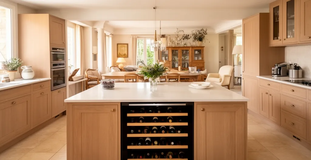 Cuisine ouverte avec îlot central et cave à vin encastrable discrètement intégrée