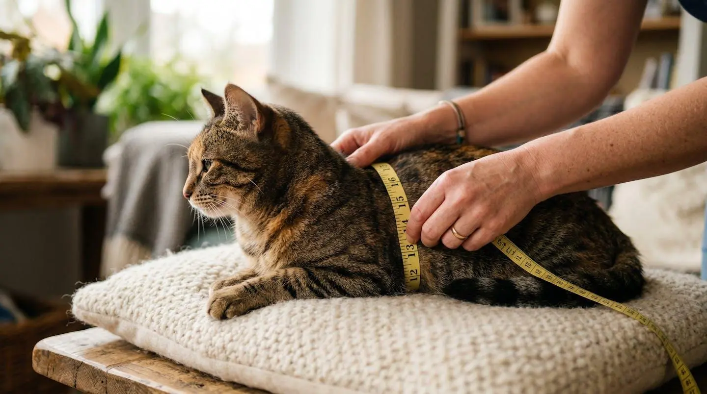 Deux mains mesurent délicatement un chat roux allongé sur un coussin beige à l'aide d'un mètre ruban souple, le visage humain reste hors cadre