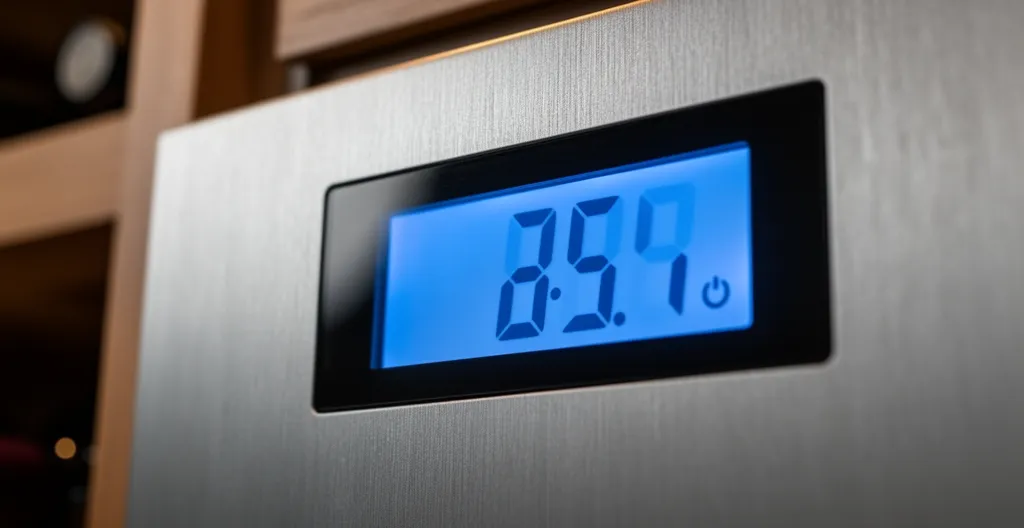 Écran de contrôle numérique affichant la température d'une cave à vin encastrable