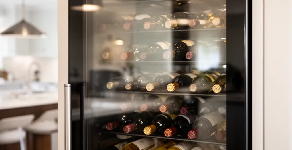 Porte vitrée anti-UV d'une cave à vin encastrable filtrant la lumière naturelle