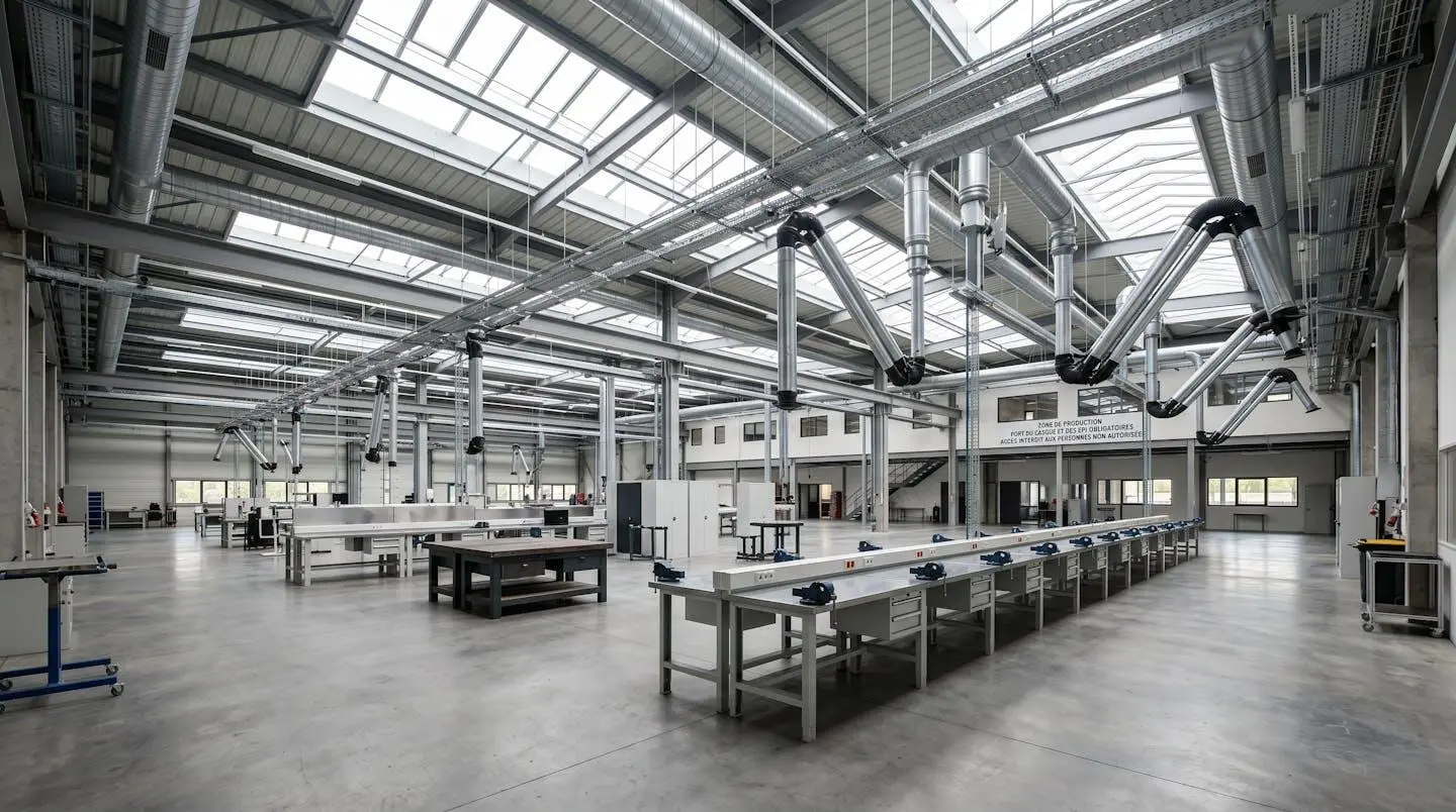 Vue grand angle d'un atelier de production contemporain vide et lumineux équipé de gaines métalliques d'extraction d'air visibles au plafond
