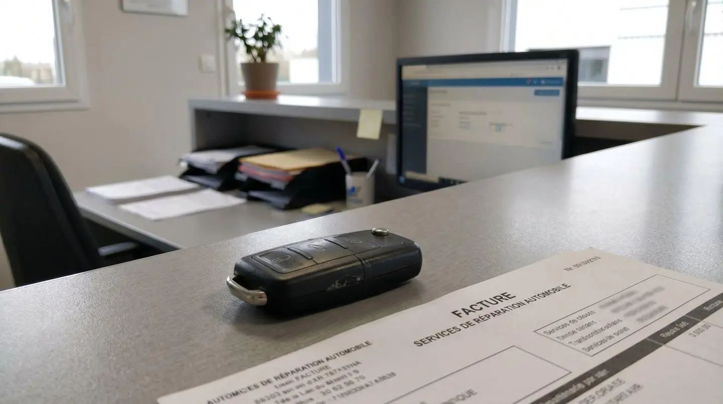 Gros plan sur une clé de voiture avec puce électronique posée à côté d'un devis détaillé listant plusieurs postes de facturation