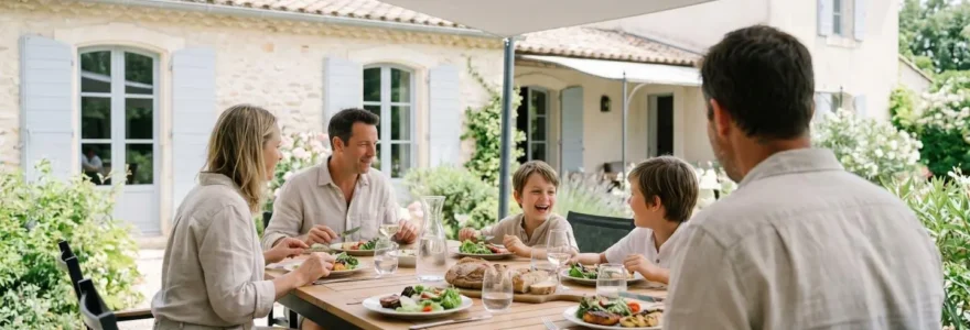Famille vue de dos installée à table sous un store de terrasse moderne lors d'un déjeuner estival en extérieur