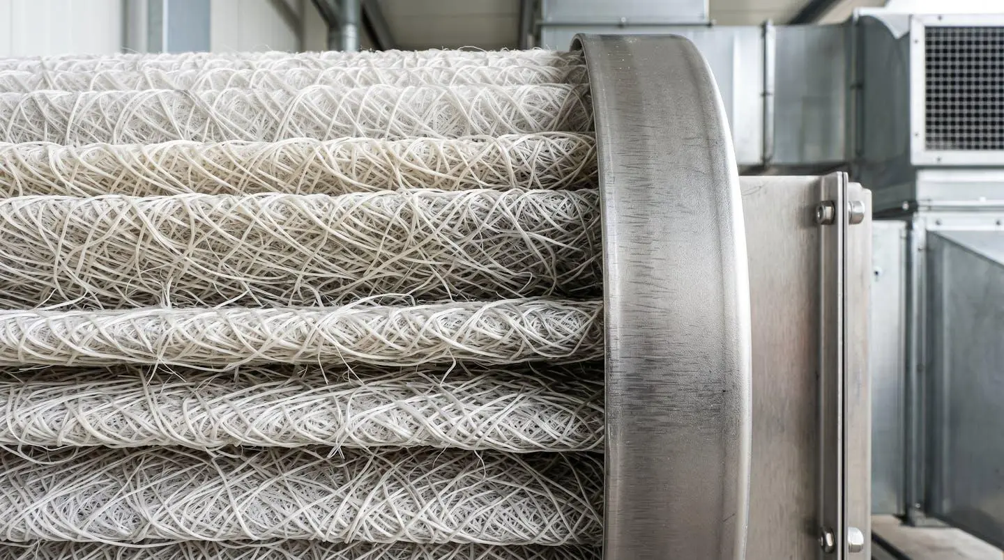Vue en gros plan d'un filtre industriel à manches montrant la texture détaillée des fibres filtrantes avec une légère accumulation de poussière visible