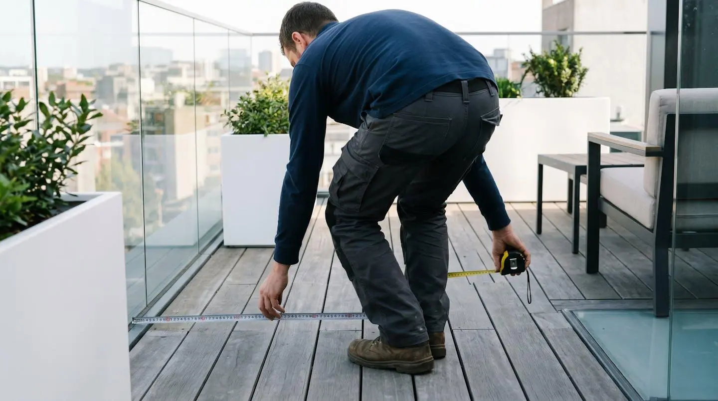 Personne vue de dos mesurant la largeur d'une terrasse avec un mètre ruban déroulé en extérieur