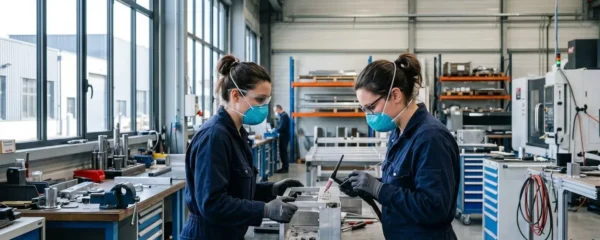 Deux opérateurs portant des masques de protection se tiennent de profil dans un atelier de métallurgie lumineux et contemporain