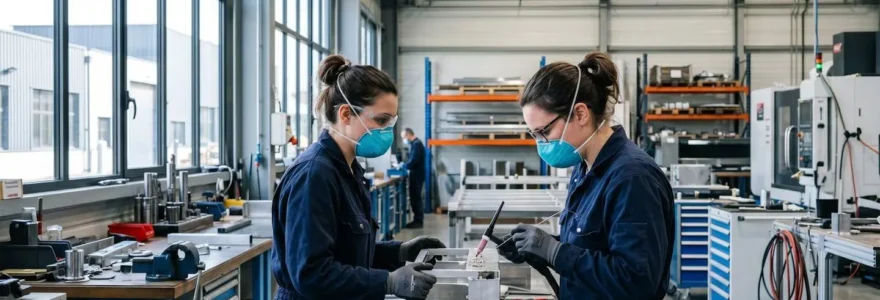 Deux opérateurs portant des masques de protection se tiennent de profil dans un atelier de métallurgie lumineux et contemporain