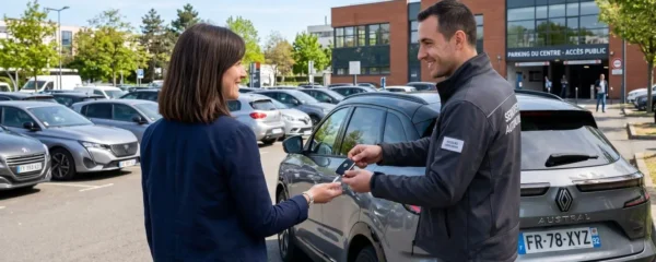 Un serrurier automobile tend une clé neuve à un client vu de dos sur un parking extérieur ensoleillé