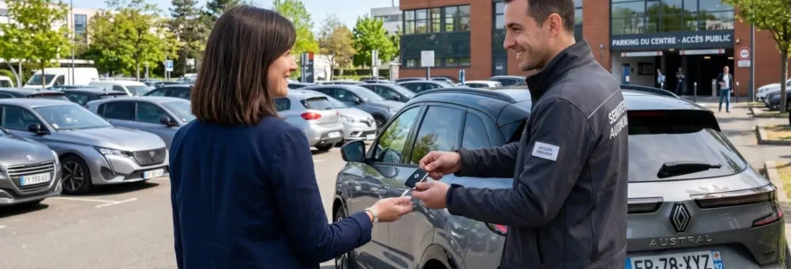 Un serrurier automobile tend une clé neuve à un client vu de dos sur un parking extérieur ensoleillé