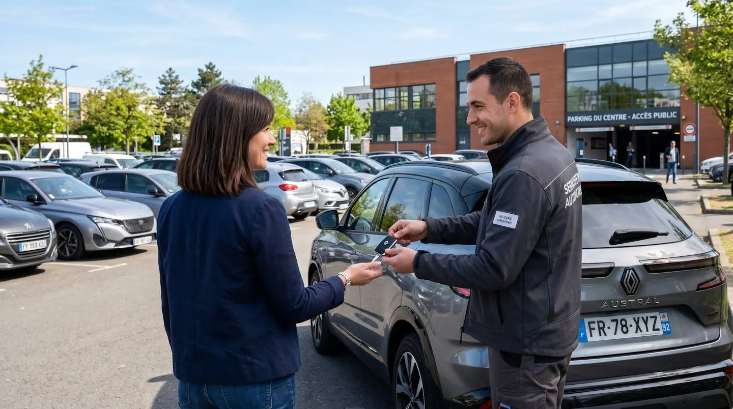 Un serrurier automobile tend une clé neuve à un client vu de dos sur un parking extérieur ensoleillé