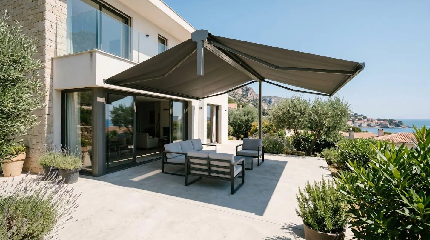 Terrasse moderne française ombragée par un store avec mobilier extérieur vide et ligne d'ombre nette au sol