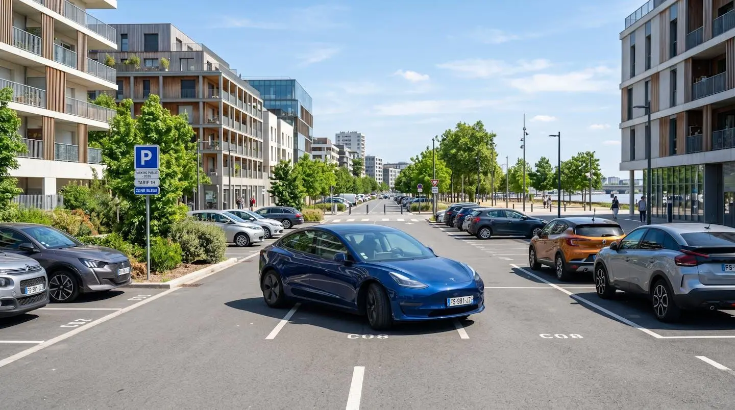Véhicule moderne verrouillé stationné seul sur un parking extérieur en milieu urbain français sous un ciel lumineux