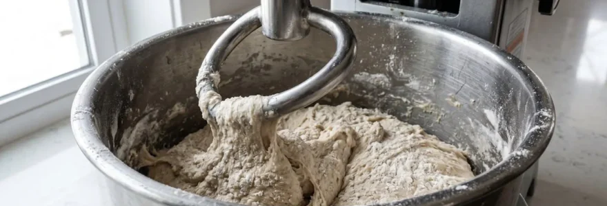 Vue macro d'un crochet pétrisseur en acier inoxydable travaillant une pâte à pain dense dans un grand bol, avec le mécanisme d'entraînement du moteur visible en arrière-plan sous lumière latérale naturelle