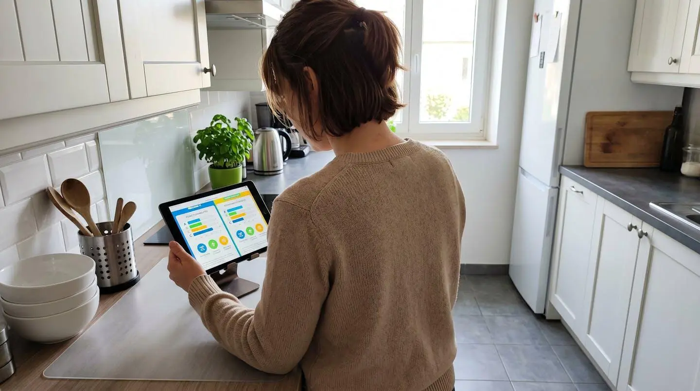 Vue de dos d'une personne en pull neutre consultant des tableaux comparatifs d'appareils électroménagers sur une tablette numérique posée sur un plan de travail de cuisine moderne sous lumière naturelle d'après-midi